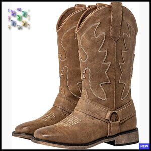 Wide Calf Cowboy Boots Square Toe Embroidered Buckle Western Cowgirl Boots
